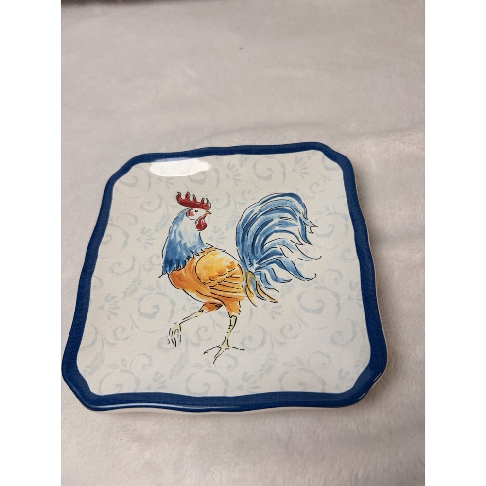 Certified International Indigo Rooster Canape Plate Susan Winget Square 6" EUC